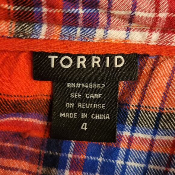 Torrid Plaid Button Front Shirt Women 4X Plus Long Sleeve Red Blue Rayon Casual - Picture 4 of 10